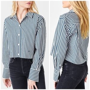 FRAME Striped Button Up Oversized Cropped Top, L